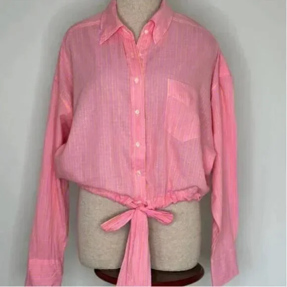 Xirena Women's Kytt Barbiecore Striped 100% Cotton Button-down Front Tie Medium - Picture 4 of 10